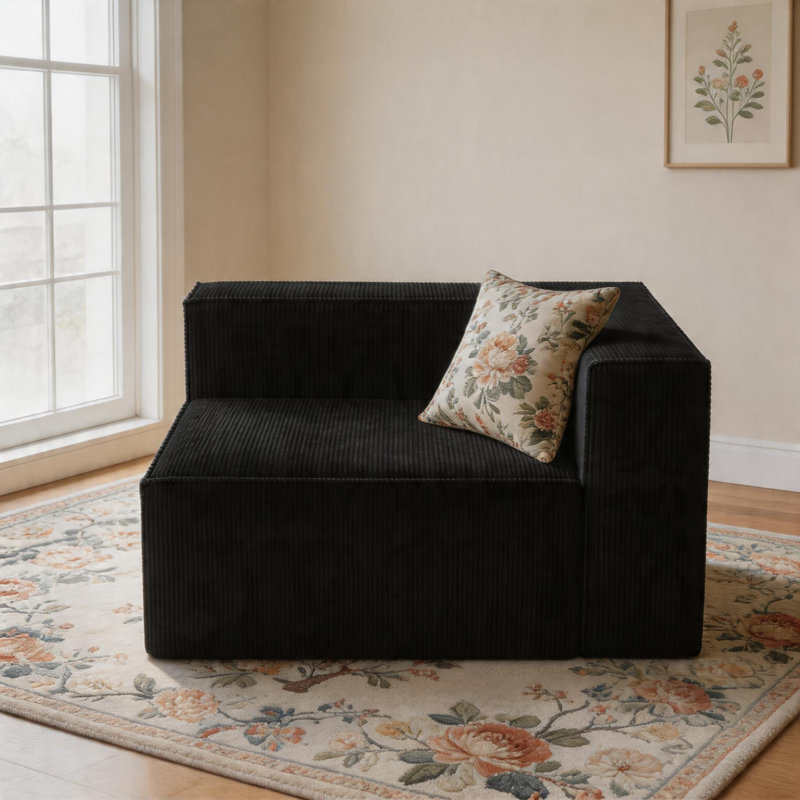 Canapé de luxe 39 po avec accoudoir droit en velours côtelé avec module de compression, Noir, Oui