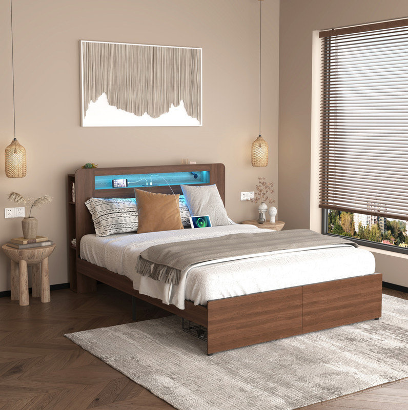 Wooden Bed Frame Queen Size Farmhouse Platform Bed Frame with Bookcase Shelf & 2 Storage Drawers, Storage LED Light Headboard , Noise Free,No Box Spring Needed and Easy Assembly,Brown