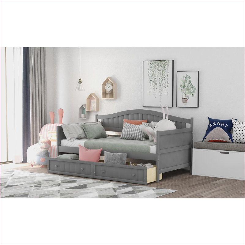 Twin Size Solid Wood Platform Daybed, Cool Gray with 2 Under-Bed Storage Drawers, No Box Spring Required for Bedroom and Living Room