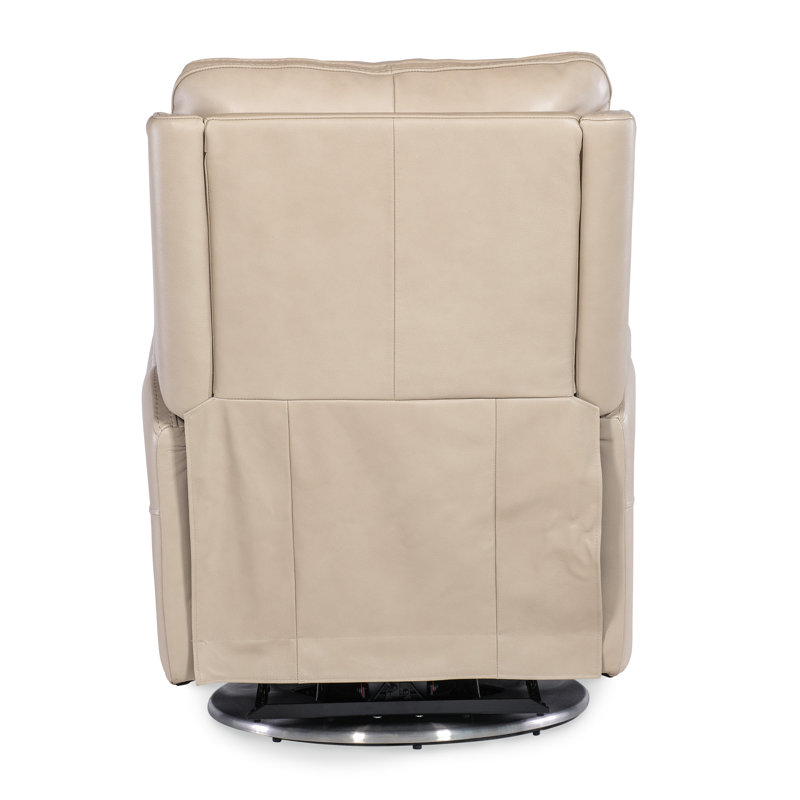 Beige Leather Swivel Recliner with Silver Base