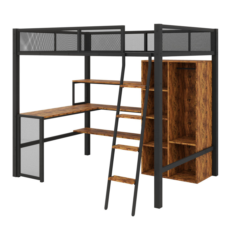 Lit mezzanine spacieux en métal avec bureau intégré, garde-robe et étagères