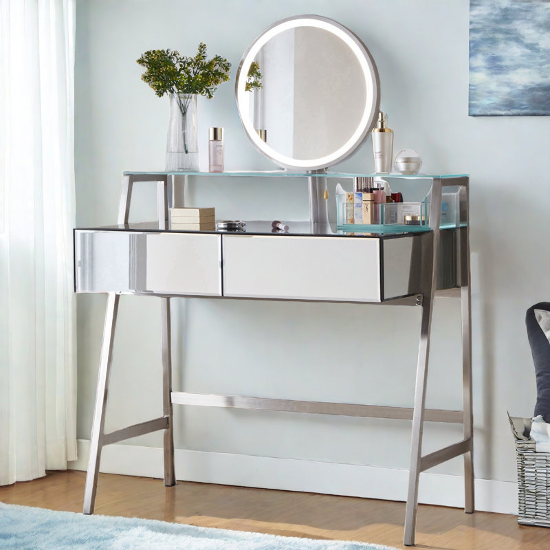 Coiffeuse Fumiaki avec miroir éclairé, 2 tiroirs, une tablette ouverte, des boîtes de rangement et une station de charge