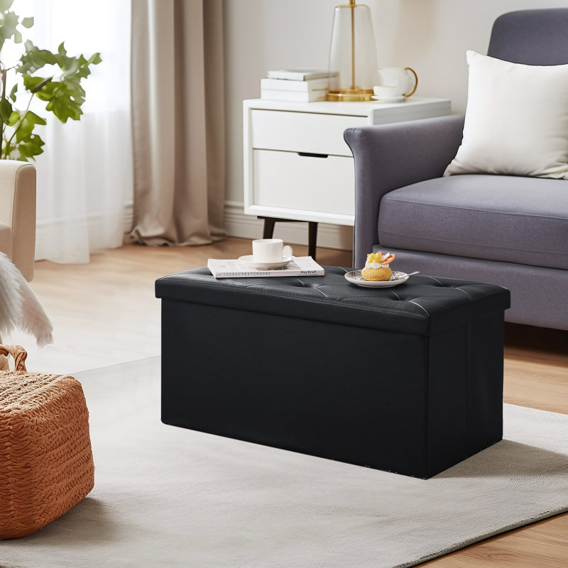 Massas 76cm Wide Faux Leather Tufted Rectangle Solid Colour Ottoman with Storage, Black