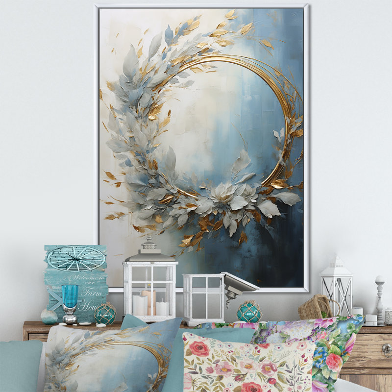 Décoration murale couronne bleue et dorée II - couronne, Cadre flottant blanc, H 32 po x l 16 po