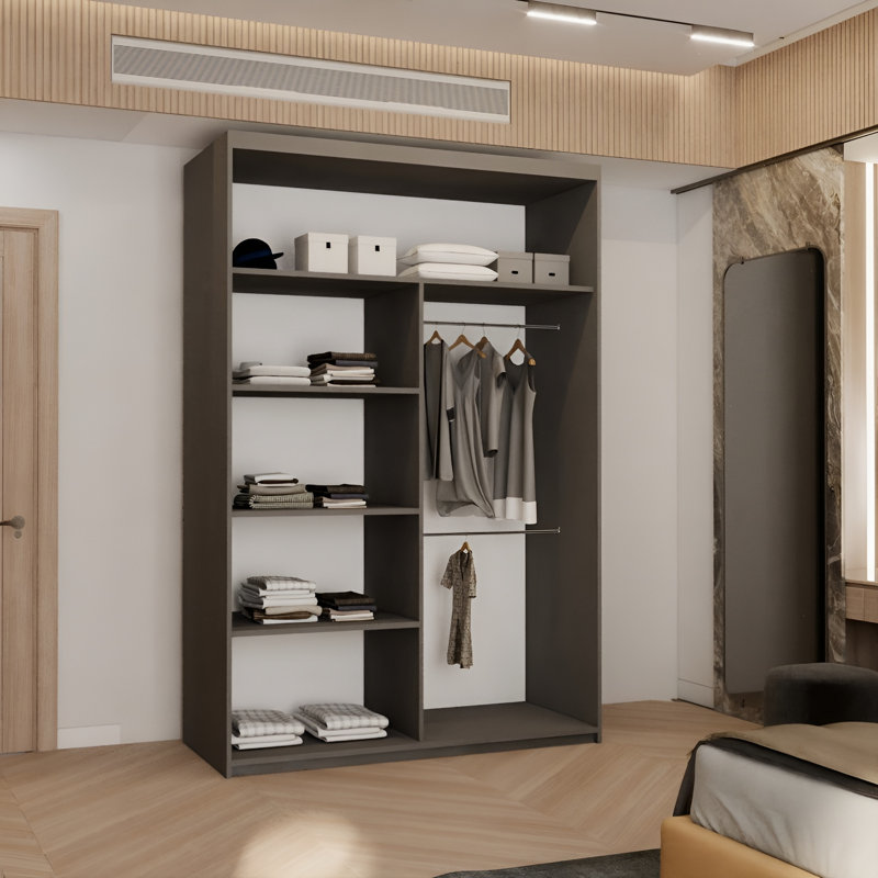 Cherith 2 Door Manufactured Wood Wardrobe, 217cm H x 150cm W x 62cm D, Grey