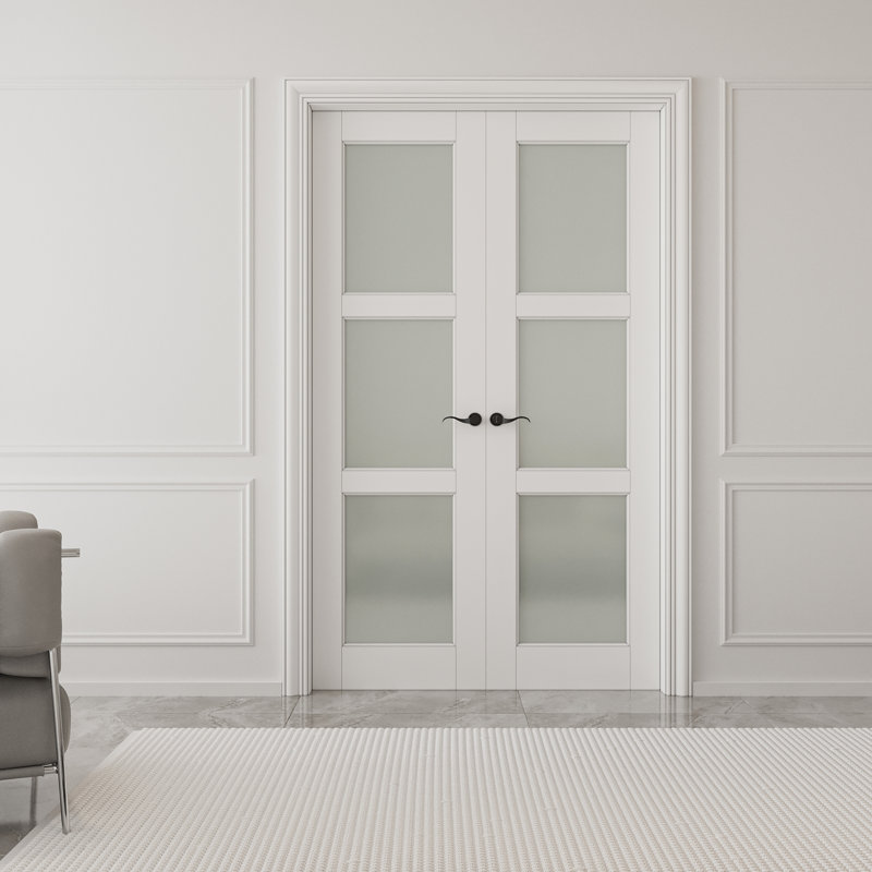 3-Lite Frosted Glass French Door Solid Wood Manufacture Interior Double Bathroom Door With Hardware Kit, 48" x 80"