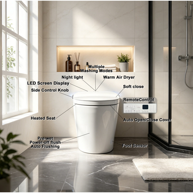 Toilette bidet intelligente sans réservoir avec ouverture / fermeture automatique, siège chauffant et capteur de pied