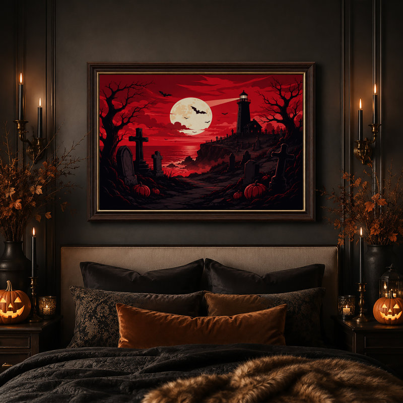 Art mural sur toile Spooky Coastal Graveyard and Lighthouse Under Halloween, H 12 po x l 18 po