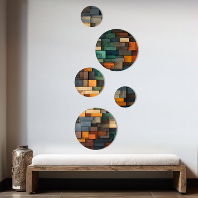 Green And Yellow Mosaic Cubes Rain - Abstract Tile Round Wall Art Set Of 5