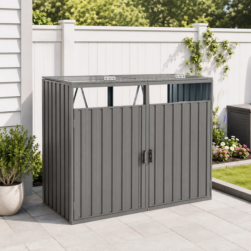 Remise extérieure pour 2 poubelles en métal avec couvercles relevables et portes avant, Grey