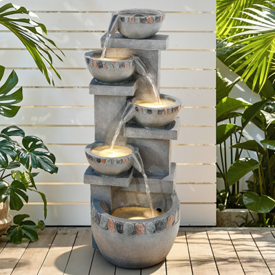 33" Modern 4-Tier Water Fountain with LED Lights, Resin Pebble Tabletop Cascading Waterfall Decor, Weather-Resistant Outdoor Feature