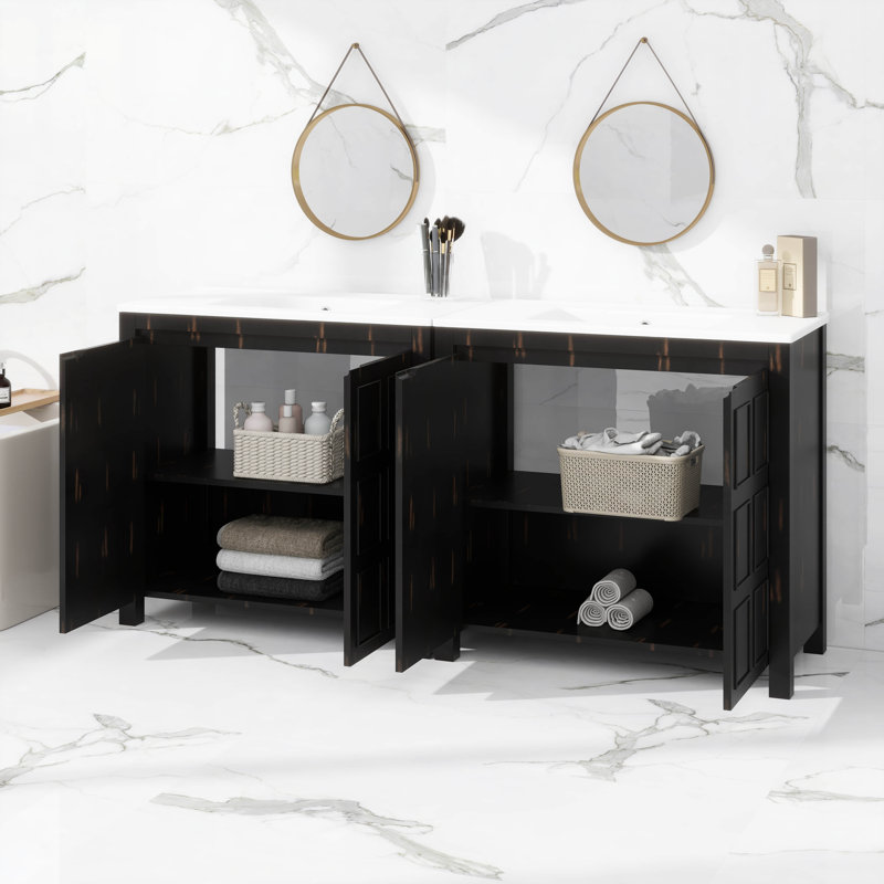 Ensemble de meuble-lavabo 72 po avec deux meubles-lavabos, deux lavabos en céramique et une tablette réglable - Armoire de rangement rétro
