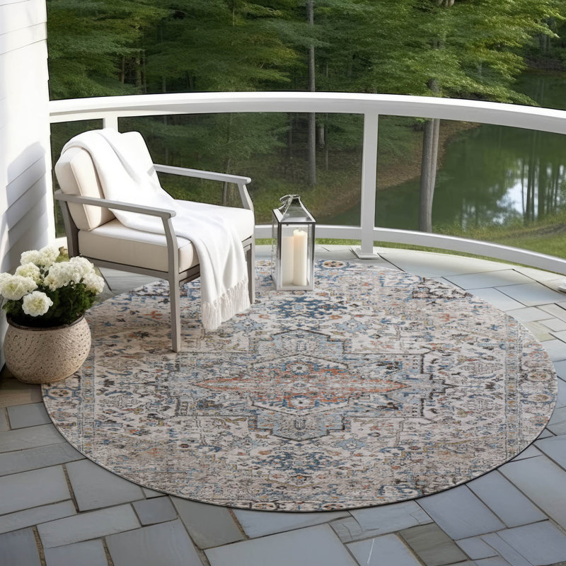 Tapis ivoire intérieur / extérieur lavable à la machine Xhevrie, Rond 8 pi
