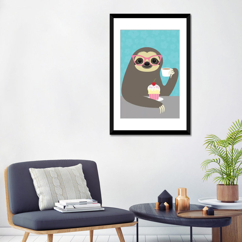 «Diva Sloth», reproduction sur toile tendue, H 24 po x l 16 po x P 1 po, Papier beaux-arts encadré noir, Blanc
