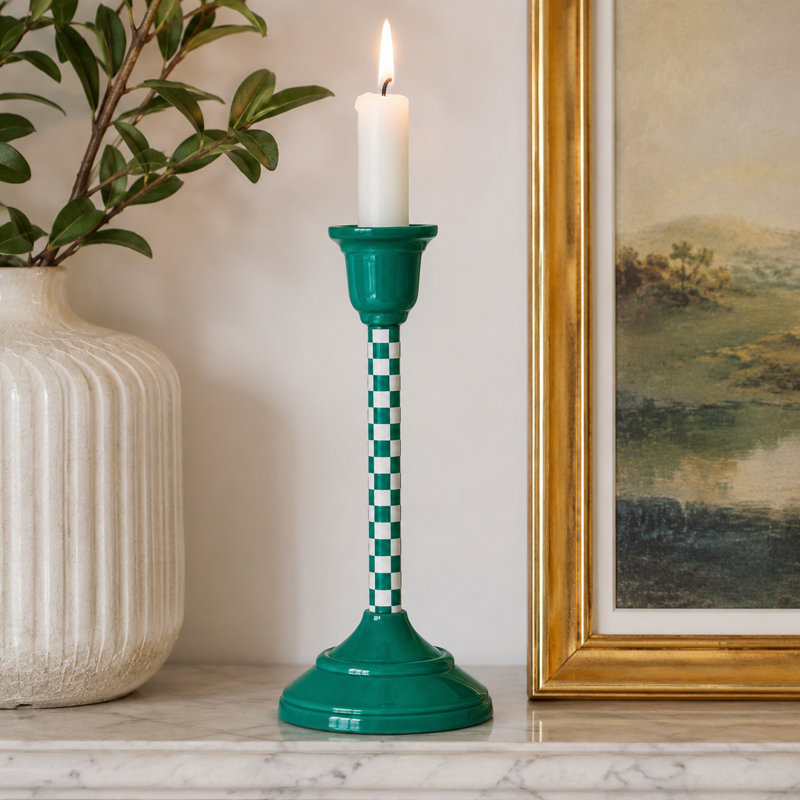 Handcrafted Tabletop Jade Mint Checkered Aluminum Candleholder, 9.75" H x 4.25" W x 4.25" D