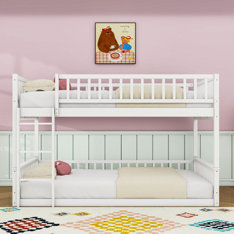 Wood Queen Over Queen Bunk Bed With Ladder And Guardrails, Splitable Into 2 Beds, White