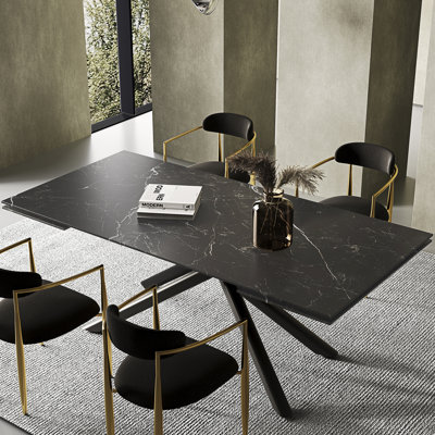 Modern 70.86“ To 102.36” Extendable Rectangular Sintered Stone Dining Table With Cross Metal Legs - Seats 8-10