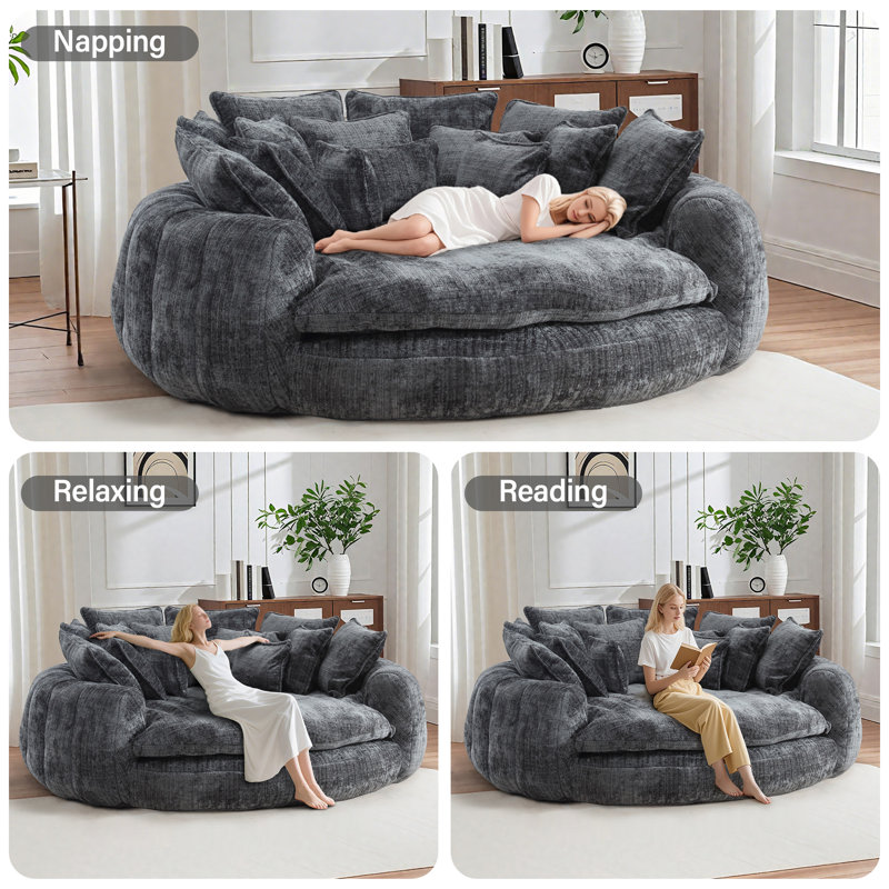 81" Oversized Round Chaise Lounge Sofa Bed with Chenille Upholstery and 14 Pillows, Gray