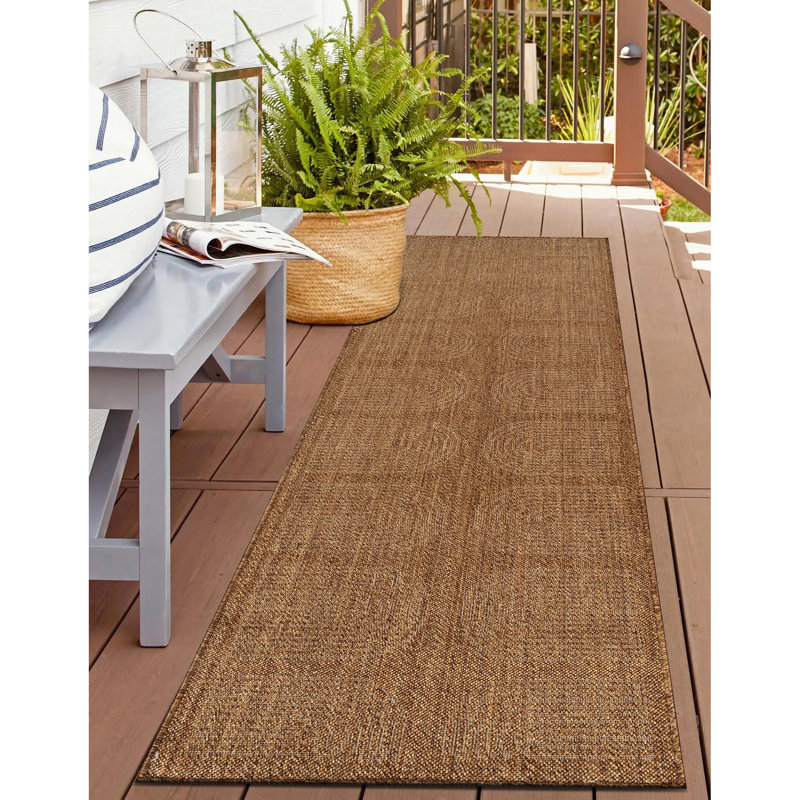 Geometric Border Sand/Natural Easy-Care Jute-Style Indoor/Outdoor Flat Woven Area Rug, Sand, Runner 2'3" x 8'