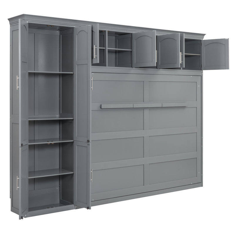 Grand lit escamotable mural avec armoires, Gris