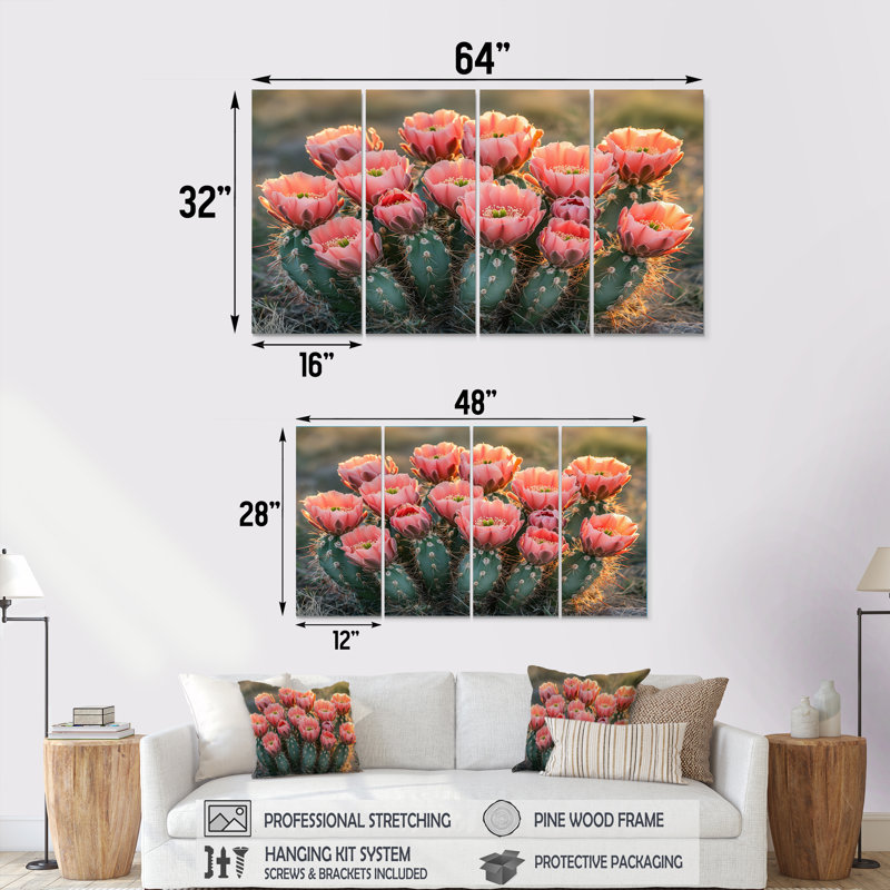 Cactus en pleine floraison à l'aube I - Art mural floral cactus - ensemble d'art mural traditionnel, H 28 po x l 48 po, 4