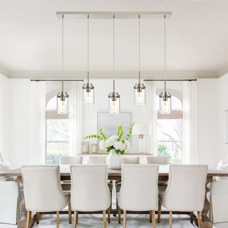 Brushed Nickel 5-Light Linear Kitchen Island Pendant with Clear Glass Shades