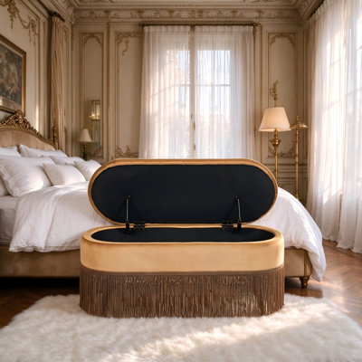 Oval Upholstered Fringe Storage Bench