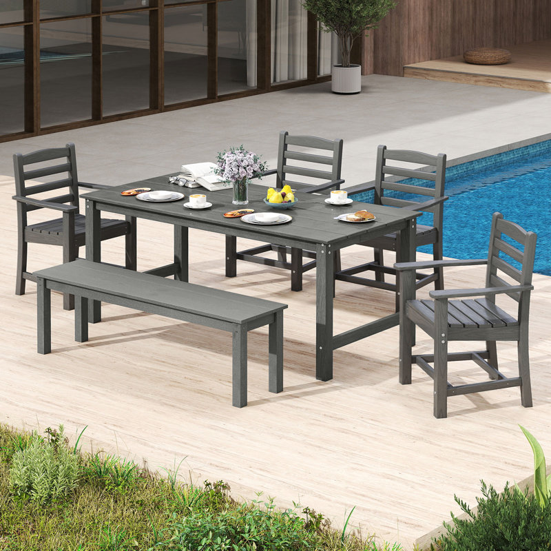 Ensemble de 6 bancs de salle à manger d'extérieur en PEHD résistant aux intempéries gris, Gris