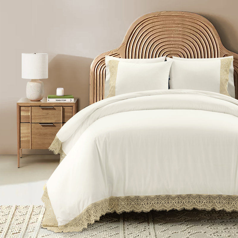 Scalloped Lace Duvet Cover Beige 3Pc Set, Queen Duvet Cover + 2 Standard Shams