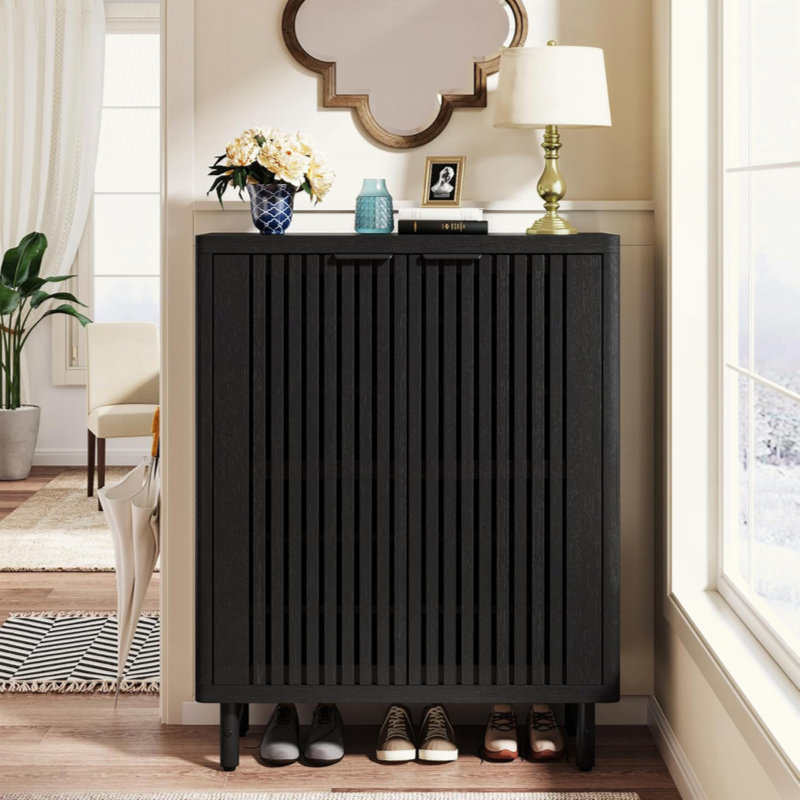 Armoire à chaussures moderne en bois à 6 niveaux avec portes à persiennes, Noir