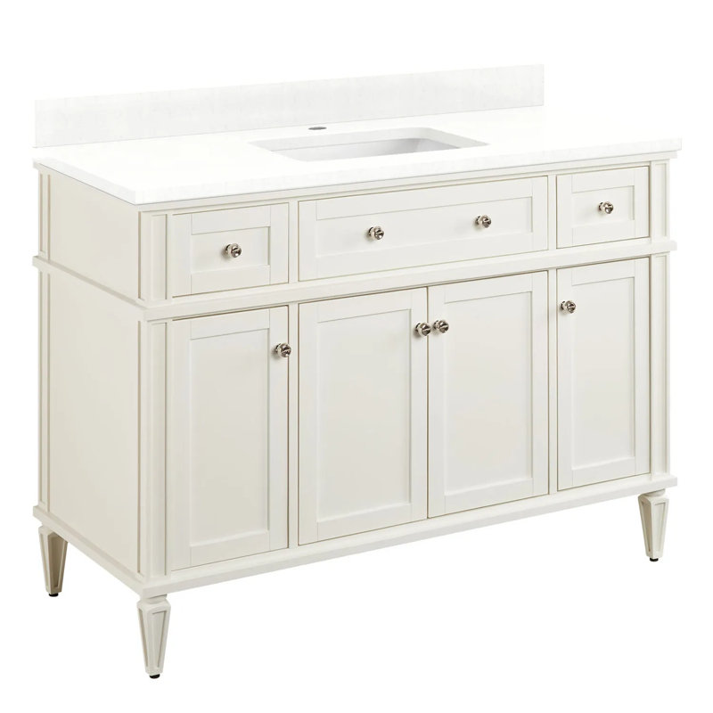 48" Elmdale Single Bathroom Vanity Set with Rectangular Undermount Sink, Feathered White Quartz, Single Hole, Soft White