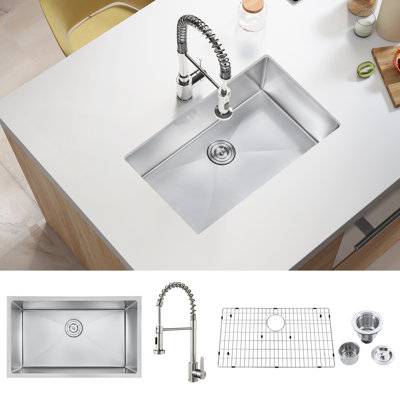 ATTOP 30 Inch Stainless Steel Single Bowl Undermount Kitchen Sink with Faucet and Bottom Grid