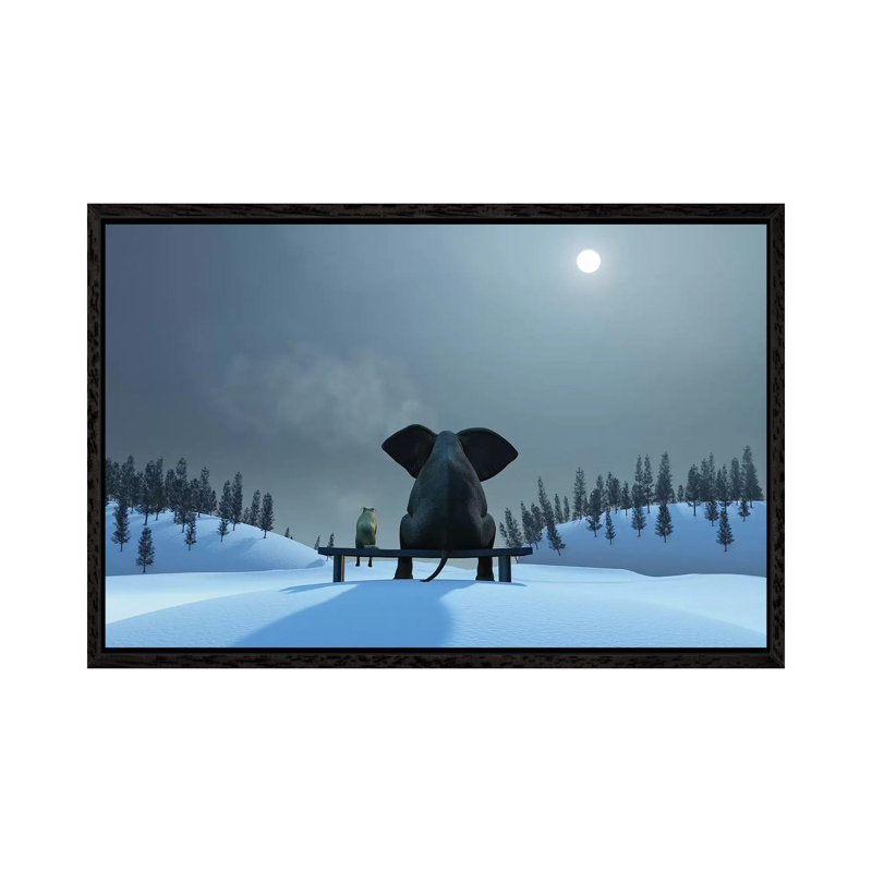 Elephant And Dog At Christmas Night by Mike Kiev - Print on Canvas, Black Framed Canvas, 66.04 cm H x 45.72 cm W