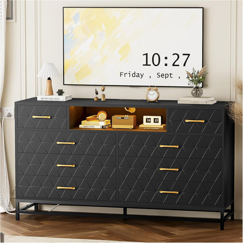 Commode 8 tiroirs à poignée dorée, meuble télé en bois massif à lumière DEL, Noir