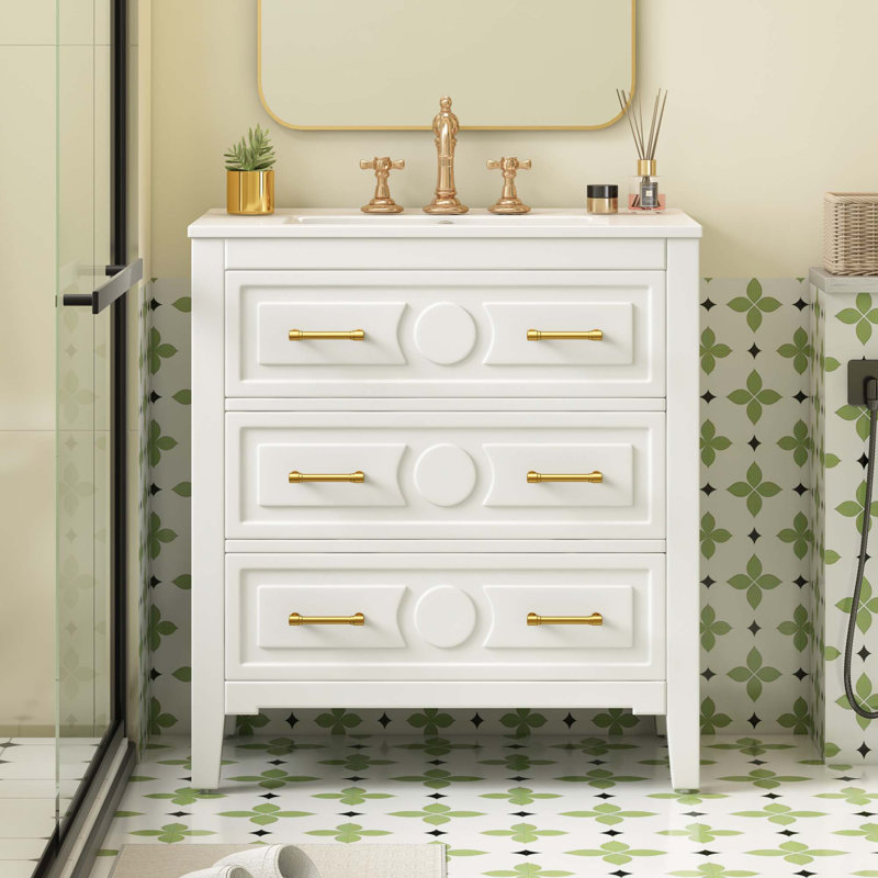 Ensemble de meuble-lavabo simple 30 po avec 3 tiroirs, meuble-lavabo autoportant avec cadre en bois massif 30 po, Blanc