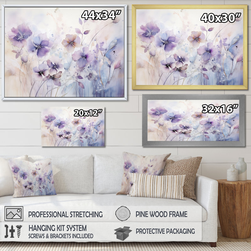 Mauve et fleurs mystiques III - art botanique abstrait, H 30 po x l 40 po x P 1,5 po, Cadre simple blanc