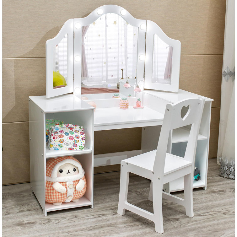 Girls Princess Vanity Table Set - Tri-Folding Mirror
