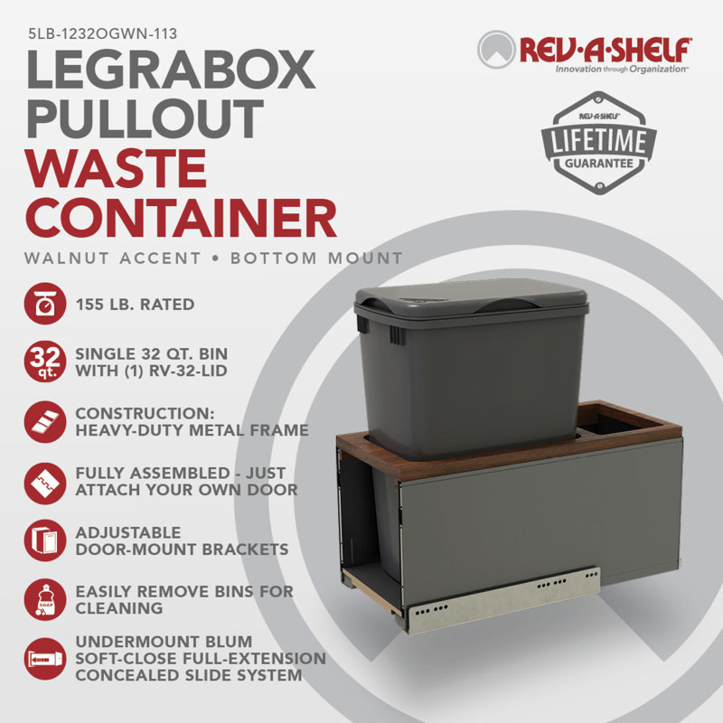 Poubelle coulissante simple LEGRABOX 32 pintes, gris Orion/noyer, avec fermeture amortie BLUM pour armoires basses sans cadre de 12 pouces