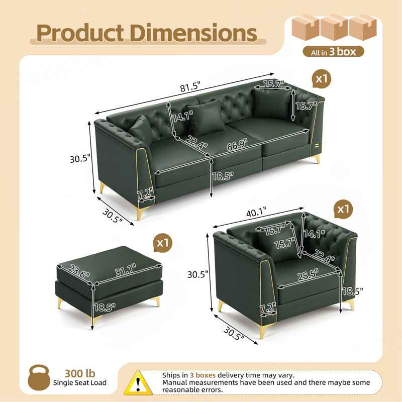 Canapé Chesterfield modulaire de luxe léger, canapé en similicuir avec capitonnage à boutons fait à la main, accoudoirs à garniture en métal et pieds en métal minces, comprend 4 coussins pour le salon, l’appartement