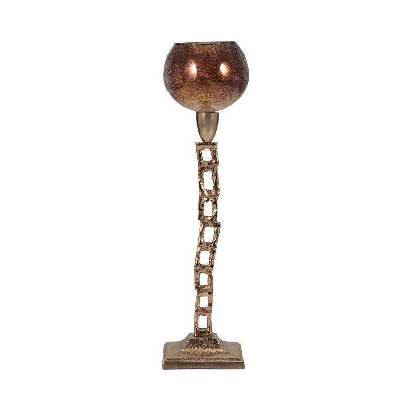 Adel Modern Chain Link Candle Holder with Round Glass Top - Decorative Pillar Candlestick Holder for Tabletop or Floor Accent - Gold & Metallic