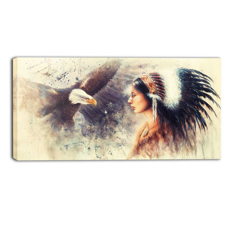«Indian Woman and Eagle» par Designant, reproduction d'art graphique sur toile, H 20 po x l 40 po x P 1 po