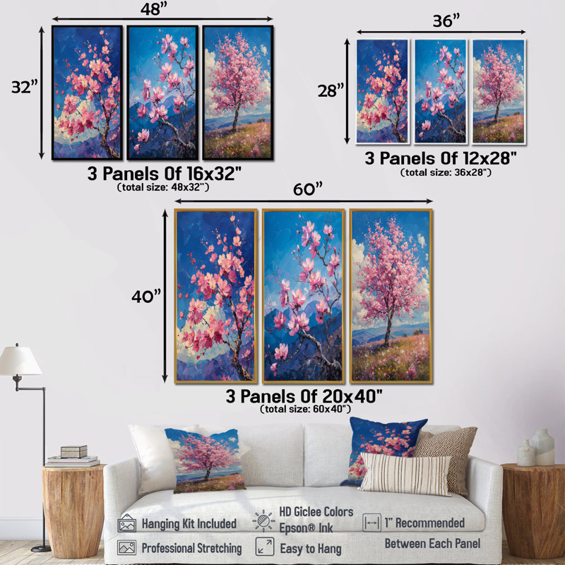 Fleur de cerisier rose bleu, beauté I - Collection d'impressions sur toile traditionnelles, 32" H x 48" W, Blanc