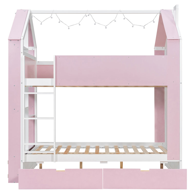 Lits superposés avec rangement, entièrement en bois MDF, style maison, chambre d'enfant moderne, Rose