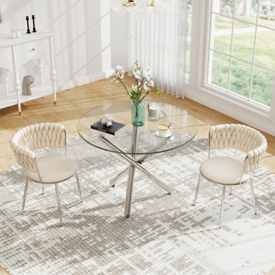 Modern Round Tempered Glass Pedestal Dining Set with Weaven Velvet Dininig Chair by Mercer41