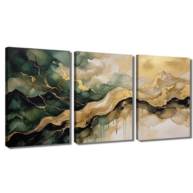 «Green Gold», art abstrait de montagne fluide - ensemble de 3 impressions sur toiles tendues avec châssis de qualité supérieure