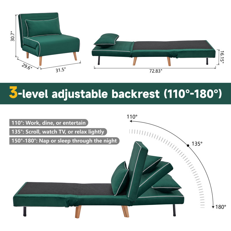 73" Velvet Modern Convertible Accent Chair with a Pillow, Floor Sofa Bed, Green