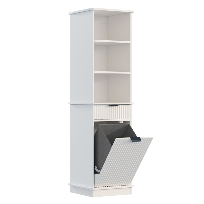 Tall Tilt Out Laundry Hamper Cabinet With Drawer & Hidden Hamper & Storage Shelves Bathroom, White