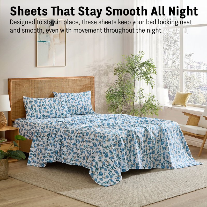 HLC.ME Ditsy Printed Floral Bed Sheets - 3 Piece Patterned Bed Sheet Set - Wrinkle Resistant &  Soft - Fits Mattresses Up To 15 Inches Deep (Twin, Blue)