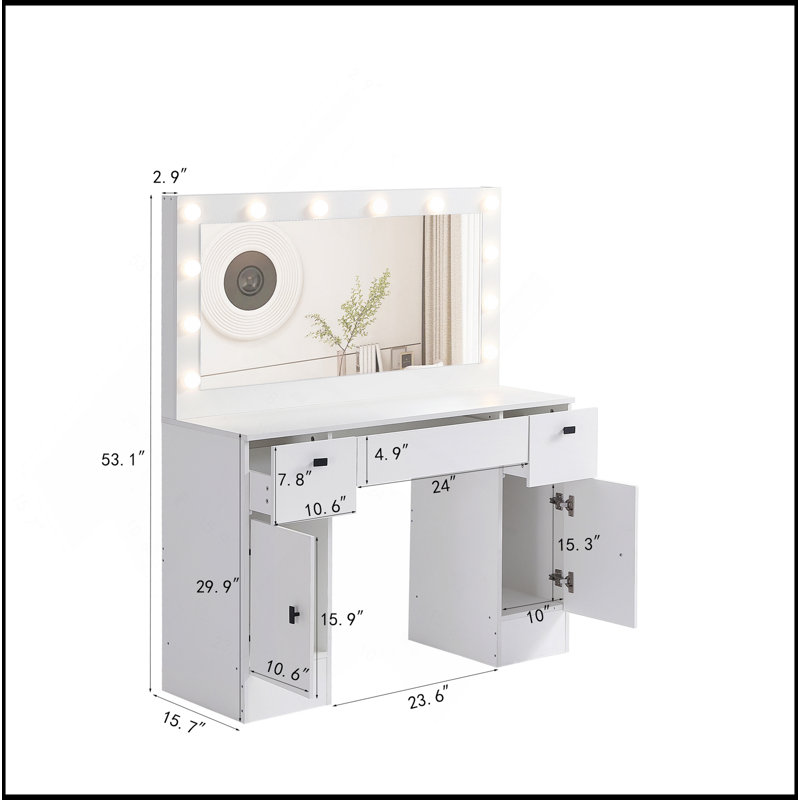 Vanity Table With Lighted Mirror, Vanity Desk With 3 Drawers And Storage Cabinet,3 Color Lighting Modes Adjustable Brightness, White Color