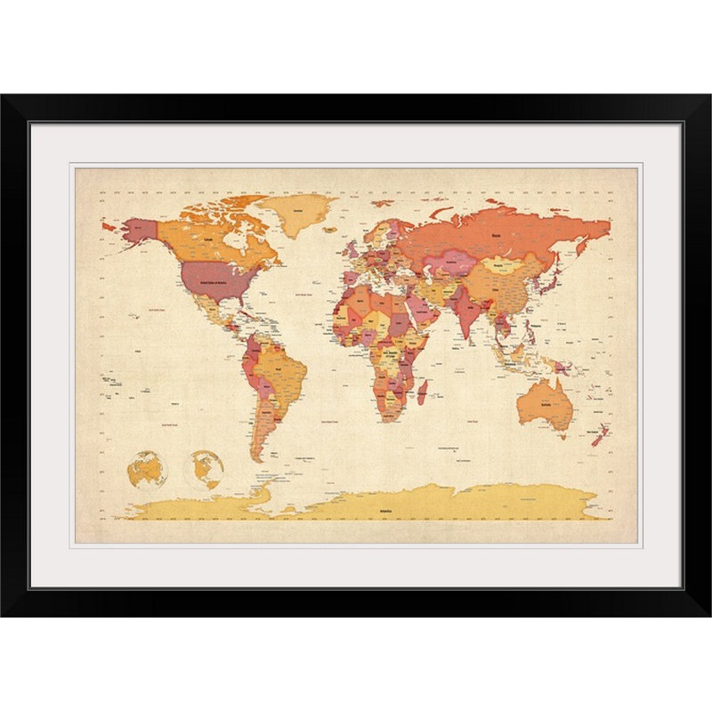 Francy «World Map» par Bellen, impression, H 28 po x l 38 po x P 1 po, Cadre noir